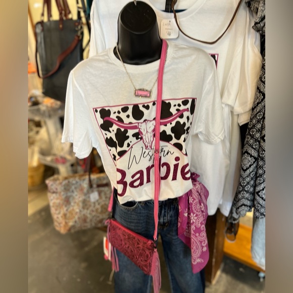 Western Barbie Bull Skull Print T-Shirt Cotton Womens Cow white Gift idea - Picture 2 of 3